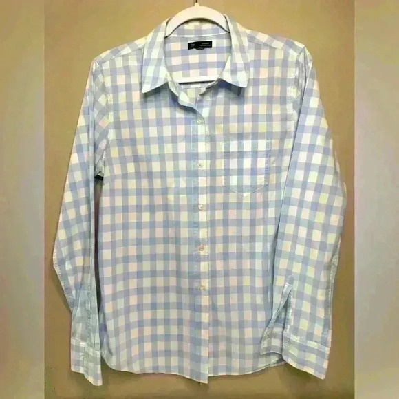 Gap Gingham Button Down S Coastal Blue Check Shirt Nautical Boyfriend Fit - Picture 2 of 12